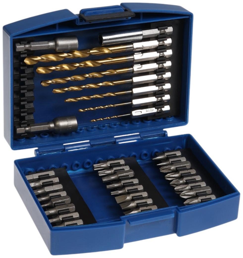 Набор сверл и бит ТУНДРА, HSS-Tin, шестигранный хвостовик, 1.5 - 6.5 мм, 34 предмета