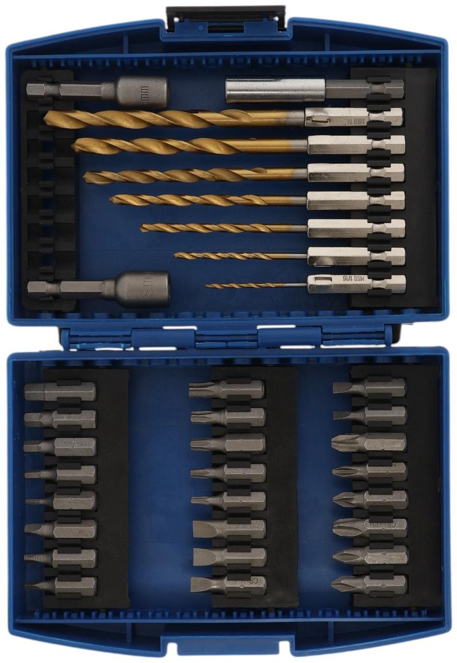 Набор сверл и бит ТУНДРА, HSS-Tin, шестигранный хвостовик, 1.5 - 6.5 мм, 34 предмета