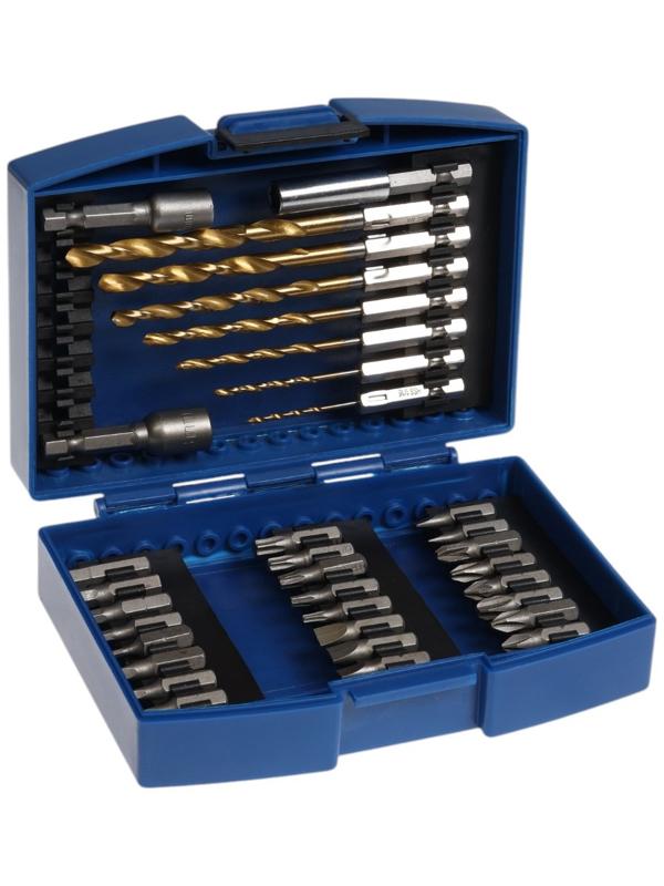 Набор сверл и бит ТУНДРА, HSS-Tin, шестигранный хвостовик, 1.5 - 6.5 мм, 34 предмета