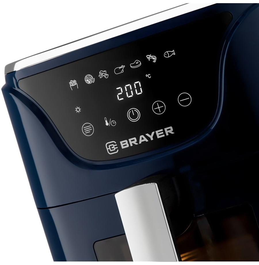 Аэрогриль BRAYER 2036BR, 5 литров, 1500 Вт, 7 программ, 200°С, LCD-дисплей, таймер, решётка, синий