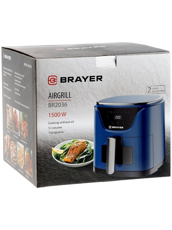 Аэрогриль BRAYER 2036BR, 5 литров, 1500 Вт, 7 программ, 200°С, LCD-дисплей, таймер, решётка, синий