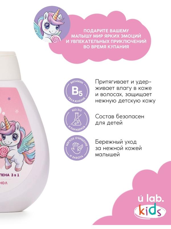 Детский шампунь-гель-пена 3в1 «Единороги», 250 мл, аромат сладкий леденец, 3+