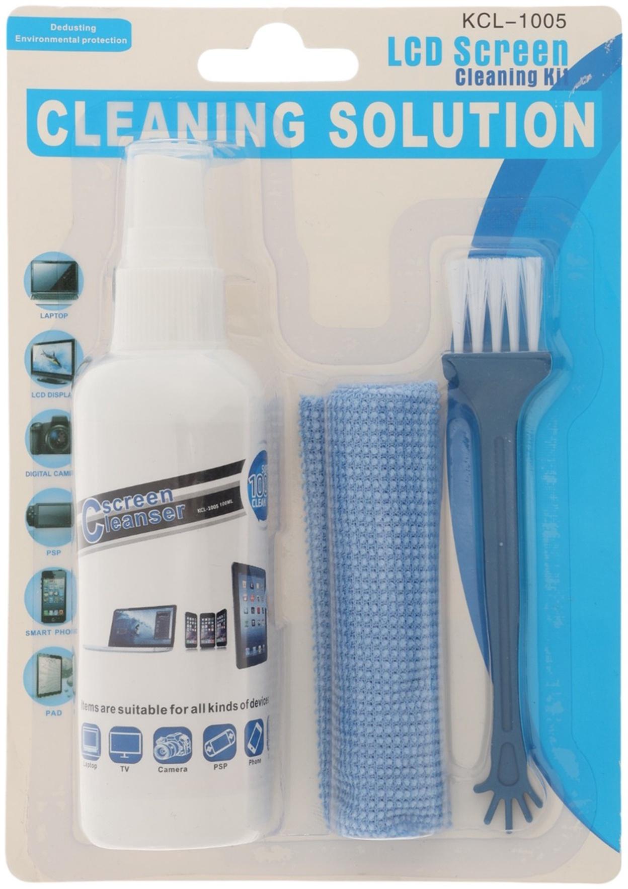 Набор чистящий для экранов KCL-1005, салфетка, спрей 100 мл, щётка