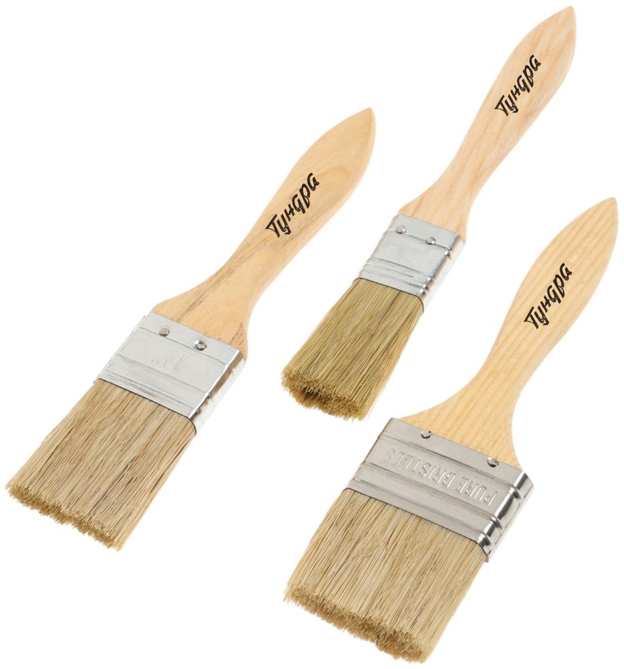 Набор кистей ТУНДРА, натуральная щетина, деревянная рукоятка, 1-1.5-2