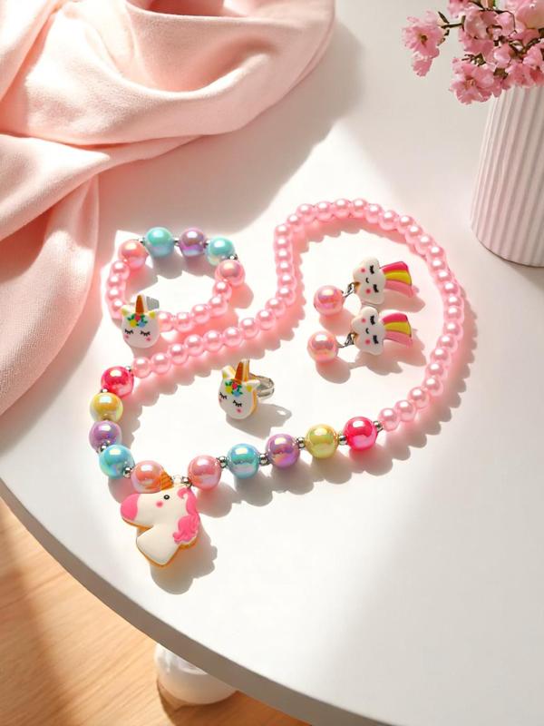 Набор детских украшений Выбражулька «Единорог», 4 предмета: кулон, браслет, кольцо, клипсы, разноцветный