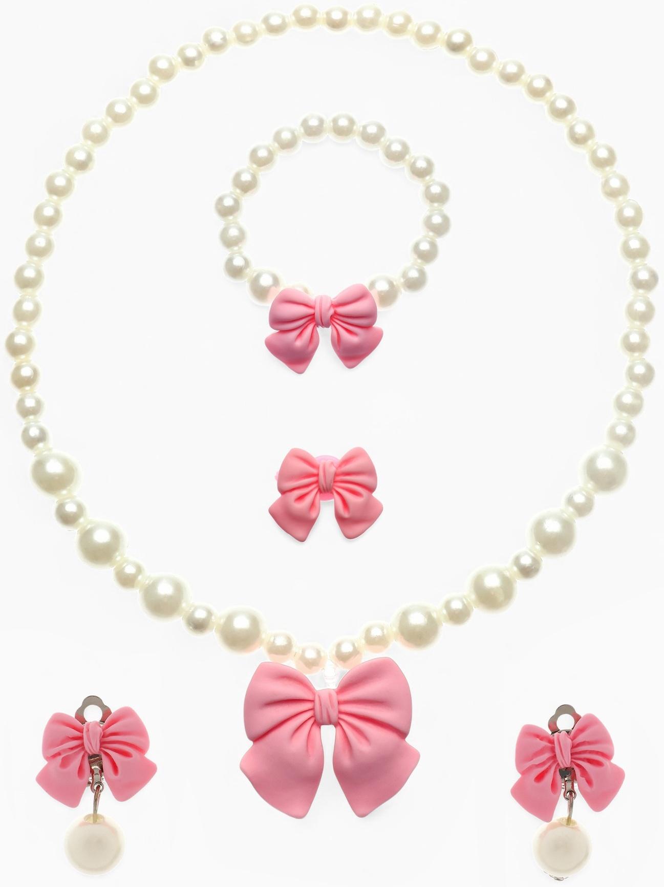 Набор детских украшений Выбражулька «Бант», 4 предмета: кулон, браслет d=6 см кольцо, клипсы, бело-розовый