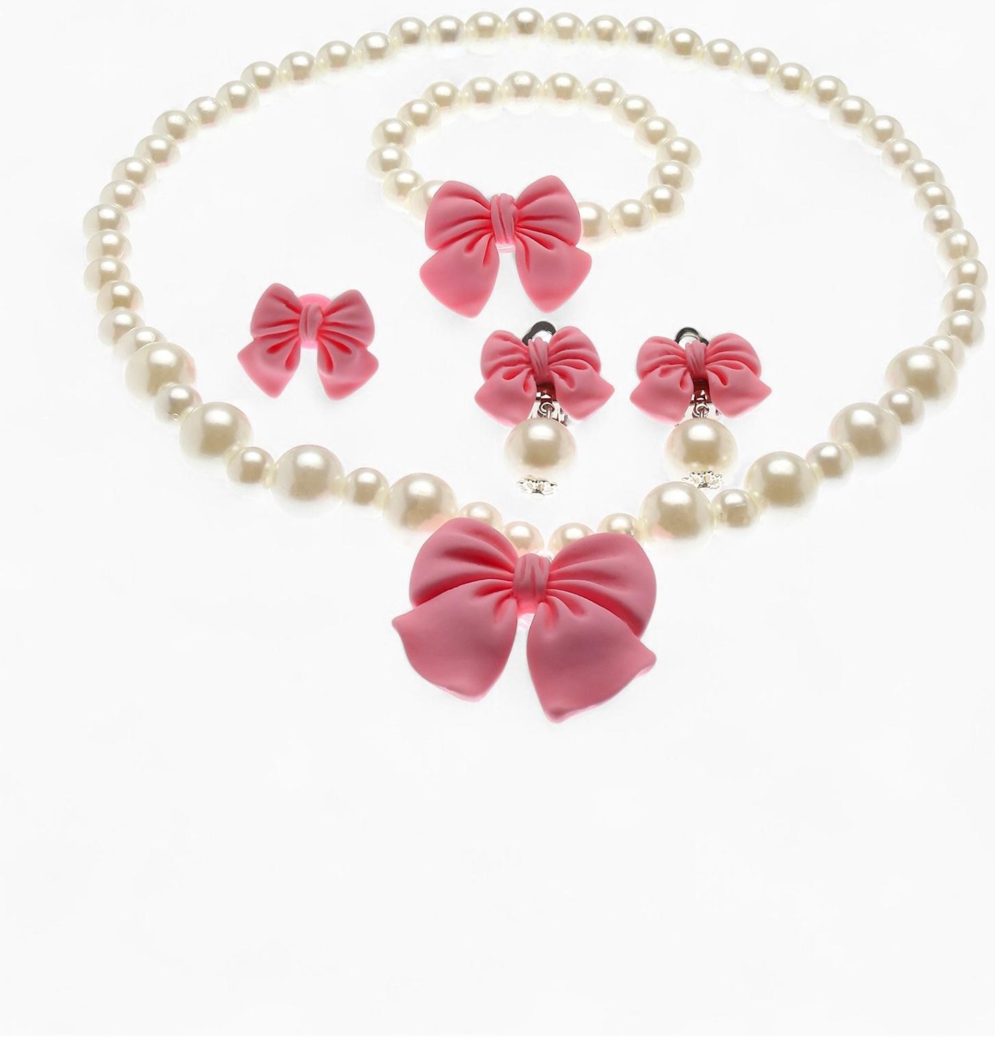Набор детских украшений Выбражулька «Бант», 4 предмета: кулон, браслет d=6 см кольцо, клипсы, бело-розовый