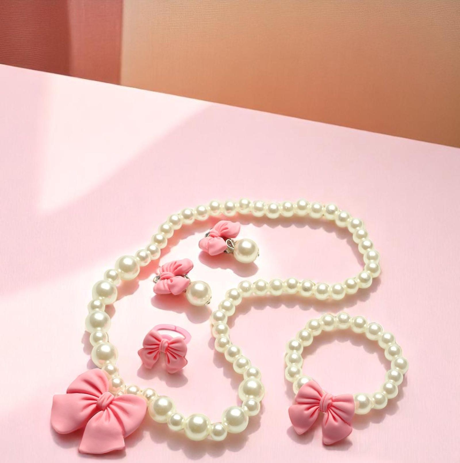 Набор детских украшений Выбражулька «Бант», 4 предмета: кулон, браслет d=6 см кольцо, клипсы, бело-розовый