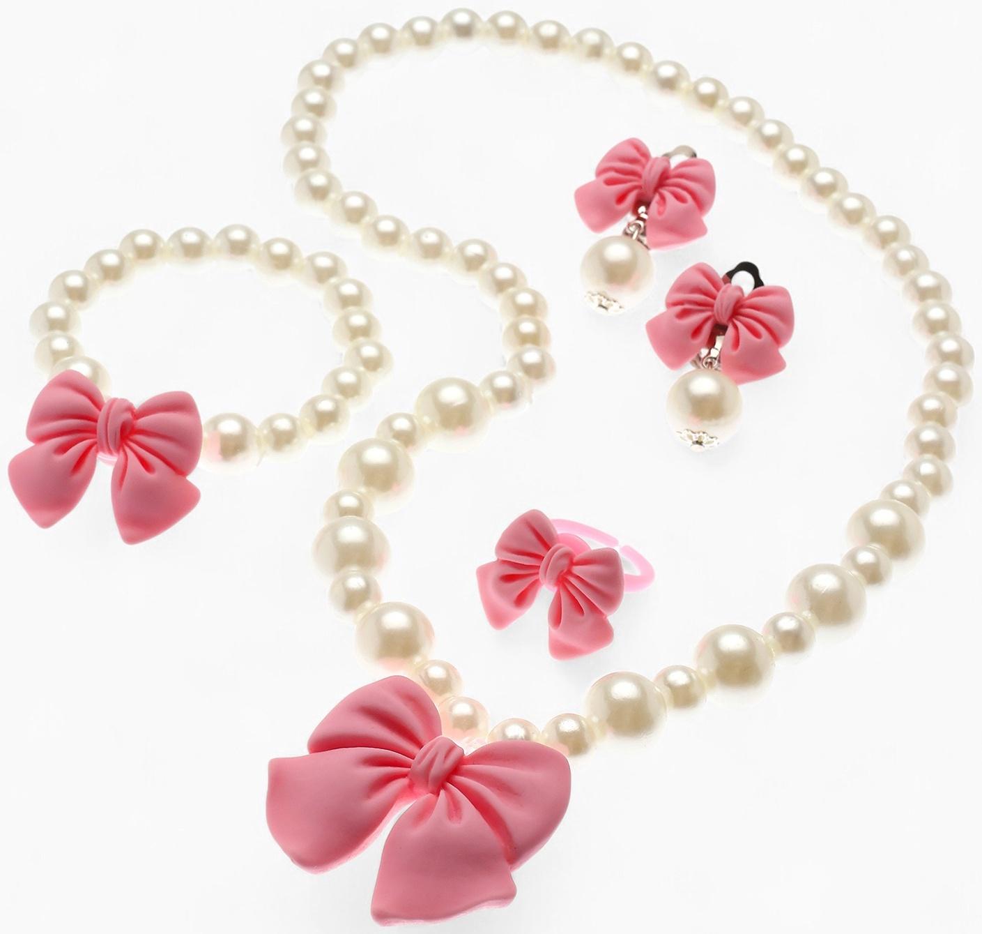 Набор детских украшений Выбражулька «Бант», 4 предмета: кулон, браслет d=6 см кольцо, клипсы, бело-розовый