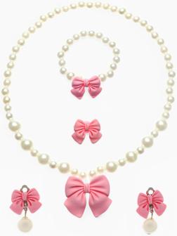 Набор детских украшений Выбражулька «Бант», 4 предмета: кулон, браслет d=6 см кольцо, клипсы, бело-розовый