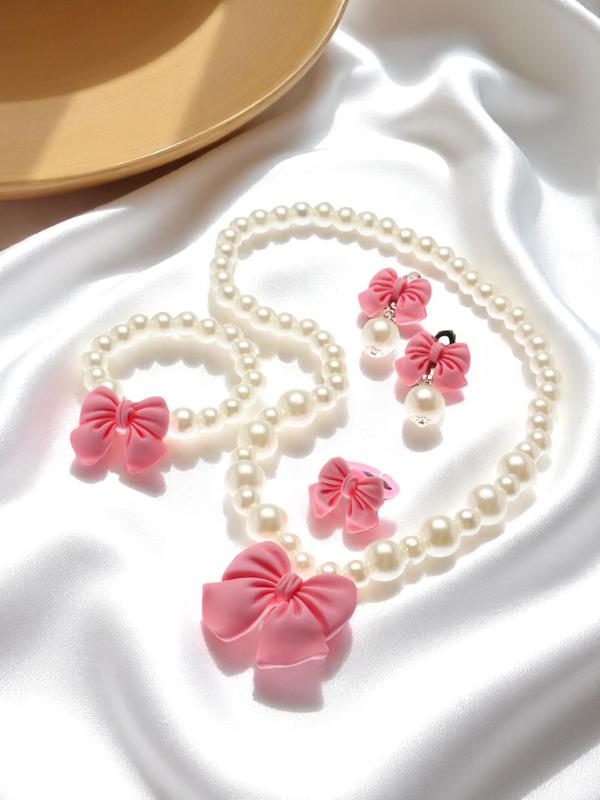 Набор детских украшений Выбражулька «Бант», 4 предмета: кулон, браслет d=6 см кольцо, клипсы, бело-розовый