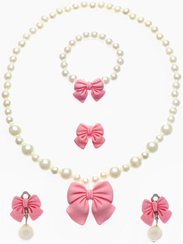 Набор детских украшений Выбражулька «Бант», 4 предмета: кулон, браслет d=6 см кольцо, клипсы, бело-розовый