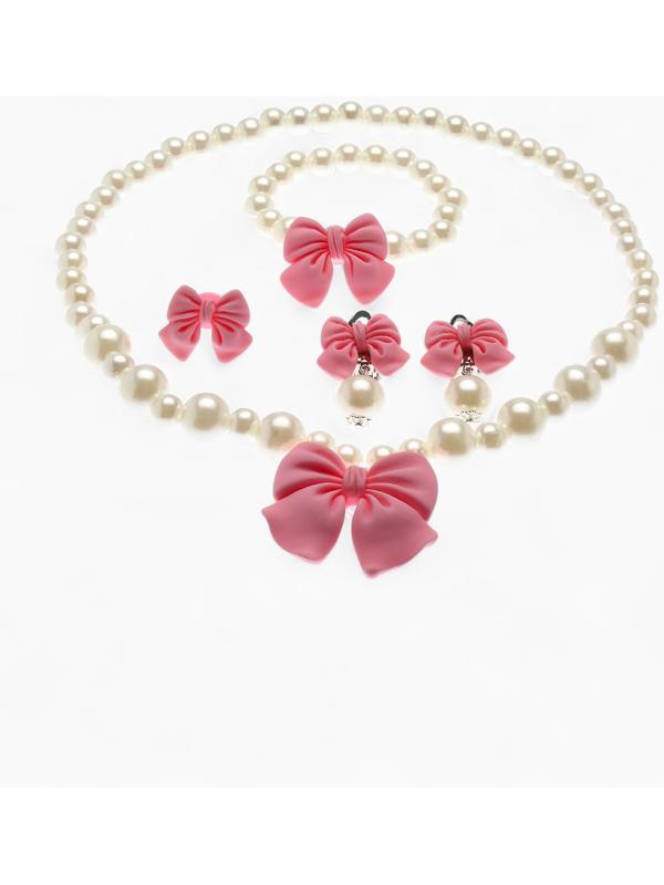Набор детских украшений Выбражулька «Бант», 4 предмета: кулон, браслет d=6 см кольцо, клипсы, бело-розовый