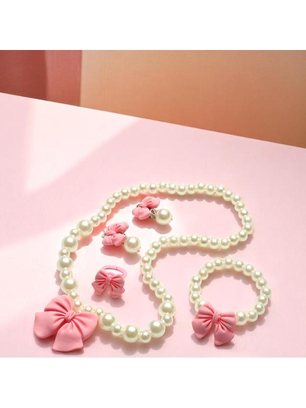 Набор детских украшений Выбражулька «Бант», 4 предмета: кулон, браслет d=6 см кольцо, клипсы, бело-розовый
