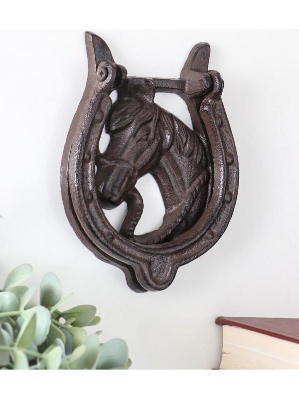 Дверной молоток для входной двери «Конь в подкове», чугун, 12×2×15 см