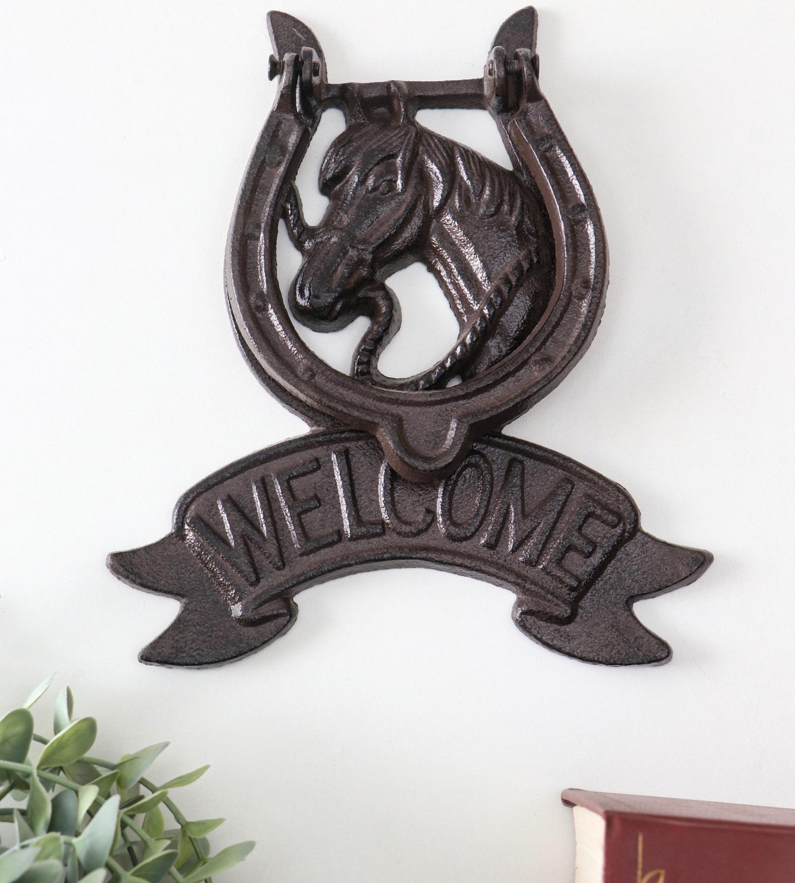 Дверной молоток для входной двери «Конь в подкове - Welcome», чугун, 18×2×21 см