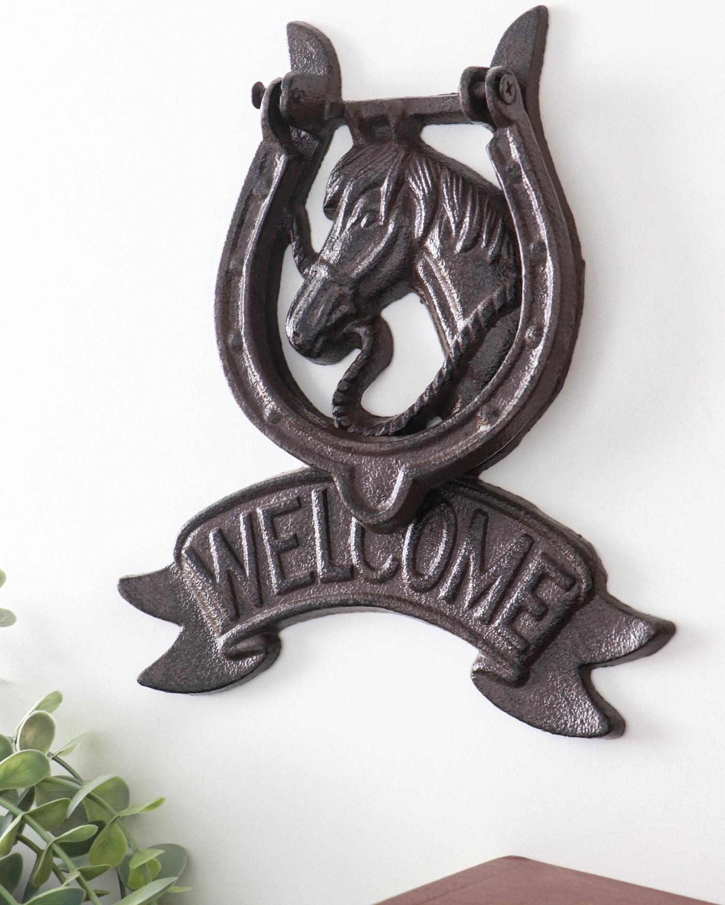 Дверной молоток для входной двери «Конь в подкове - Welcome», чугун, 18×2×21 см