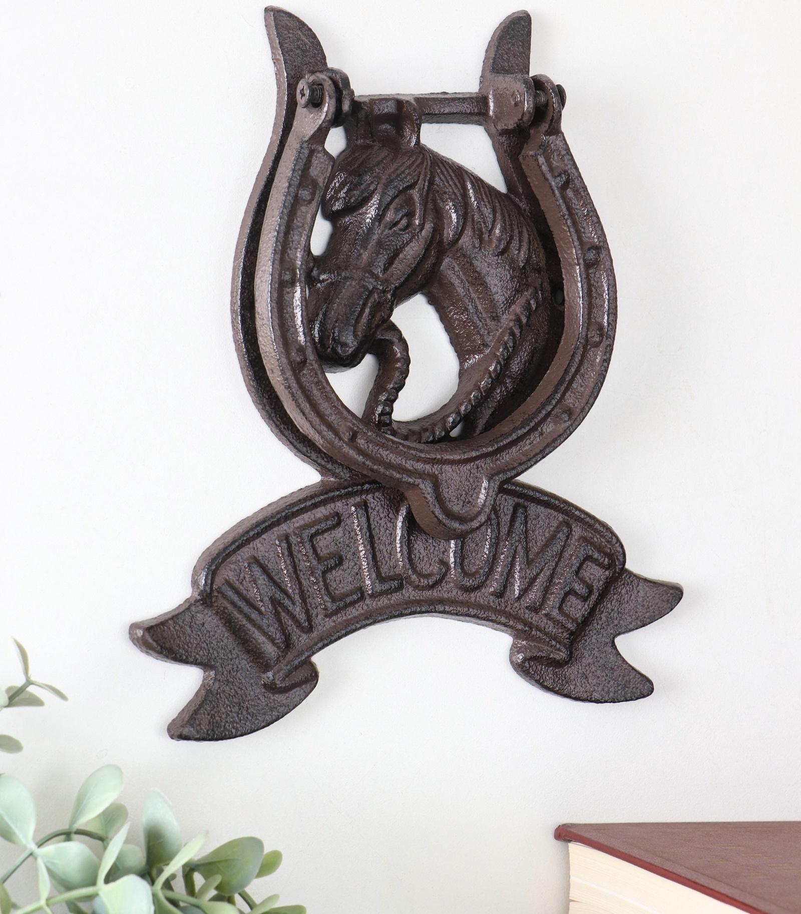 Дверной молоток для входной двери «Конь в подкове - Welcome», чугун, 18×2×21 см