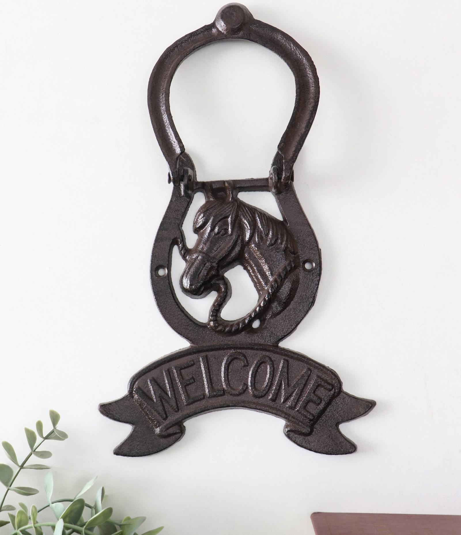 Дверной молоток для входной двери «Конь в подкове - Welcome», чугун, 18×2×21 см
