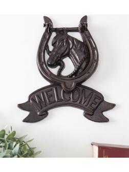 Дверной молоток для входной двери «Конь в подкове - Welcome», чугун, 18×2×21 см