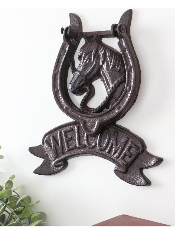 Дверной молоток для входной двери «Конь в подкове - Welcome», чугун, 18×2×21 см