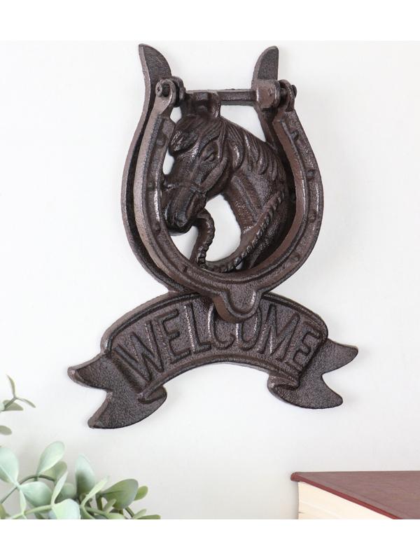 Дверной молоток для входной двери «Конь в подкове - Welcome», чугун, 18×2×21 см