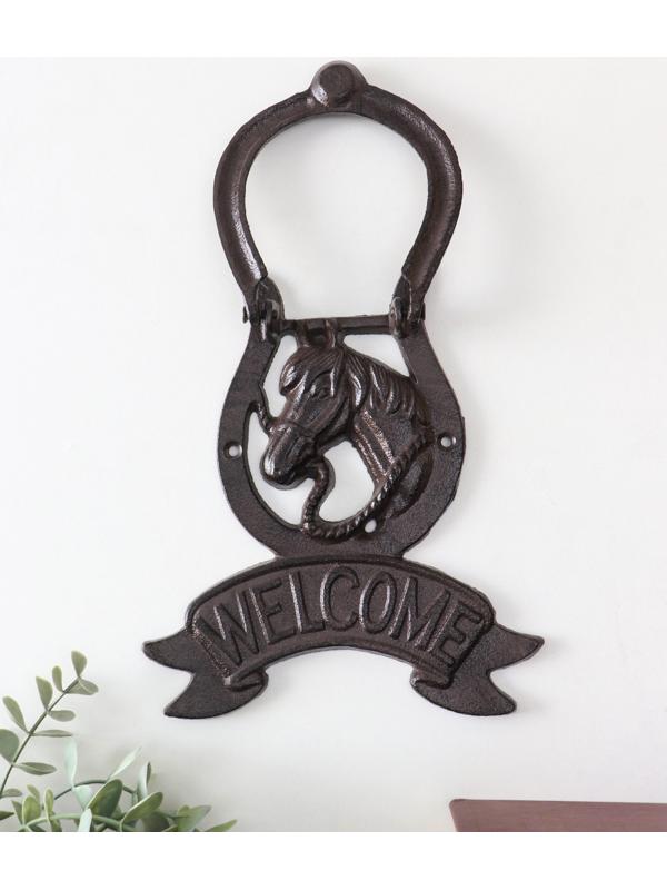 Дверной молоток для входной двери «Конь в подкове - Welcome», чугун, 18×2×21 см