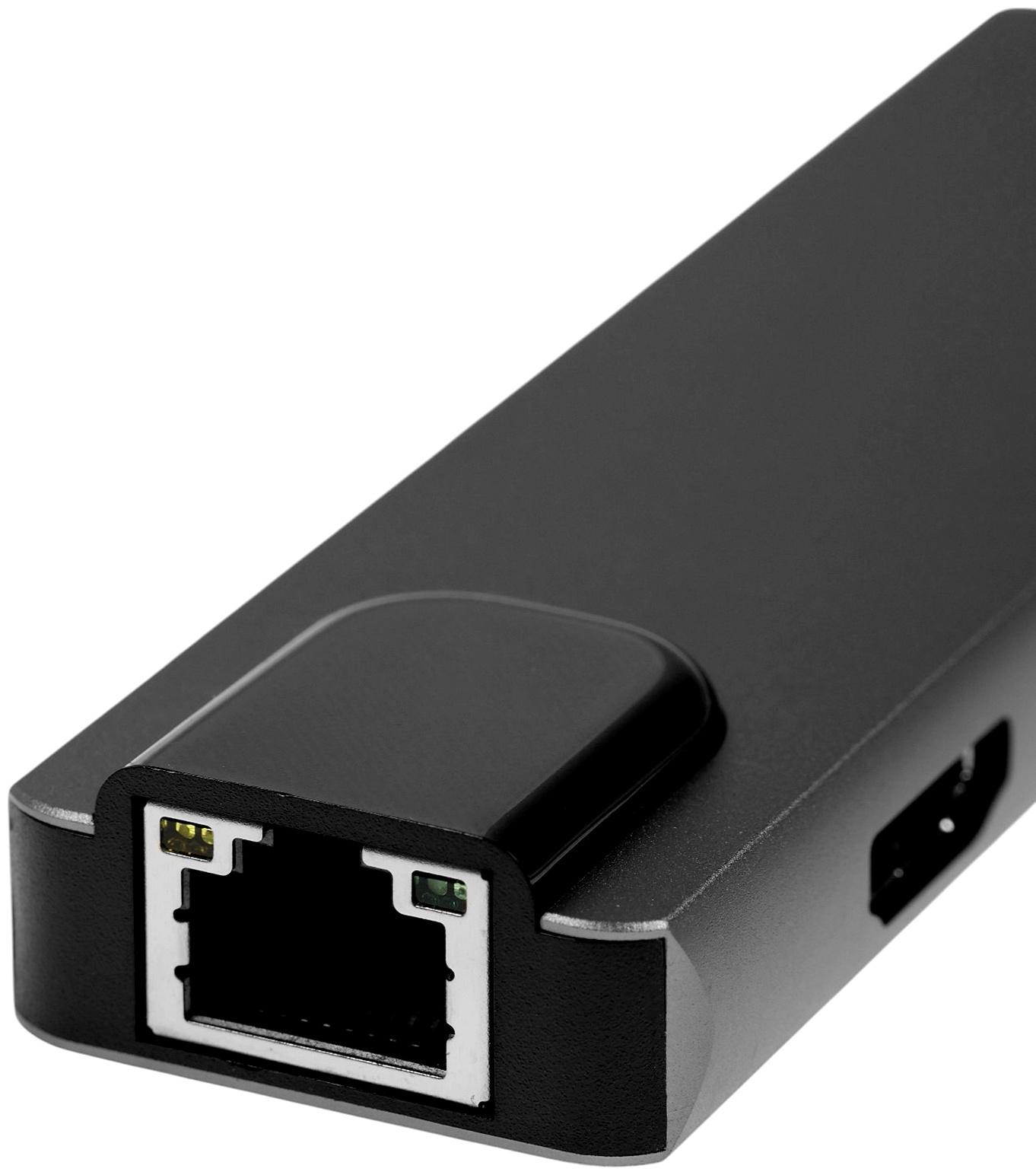 Type-C-разветвитель (HUB), HDMI/USB3.0/USB3.0/RJ45/PD, 60 ВТ, 3 А, кабель 13.5 см, серый
