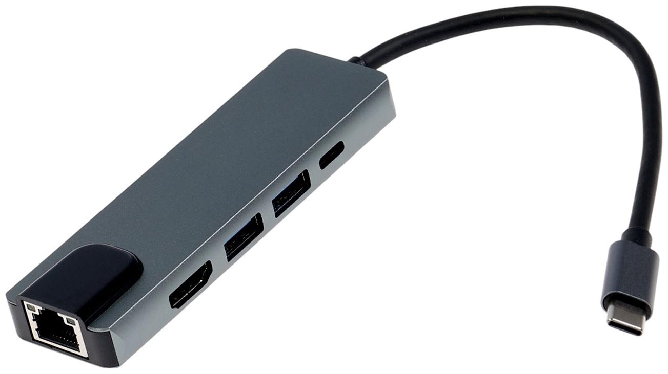 Type-C-разветвитель (HUB), HDMI/USB3.0/USB3.0/RJ45/PD, 60 ВТ, 3 А, кабель 13.5 см, серый