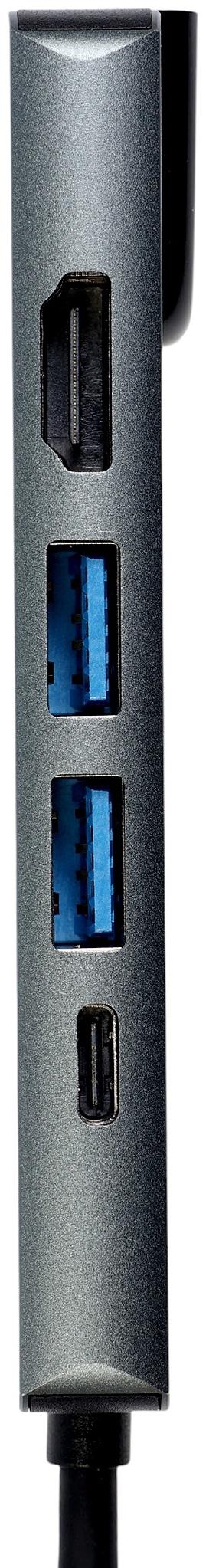 Type-C-разветвитель (HUB), HDMI/USB3.0/USB3.0/RJ45/PD, 60 ВТ, 3 А, кабель 13.5 см, серый