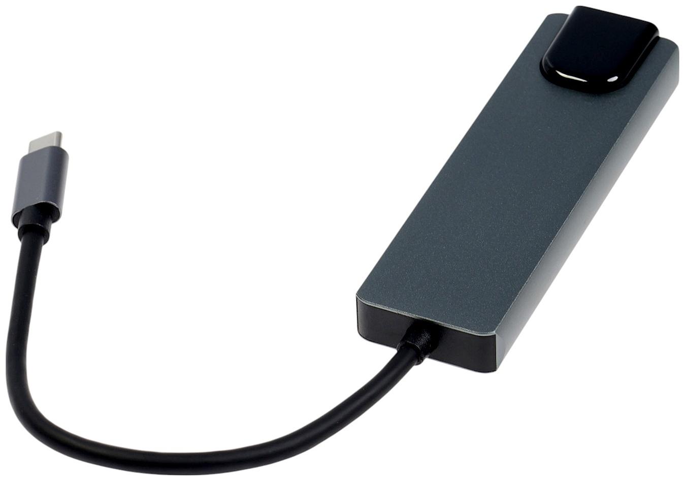 Type-C-разветвитель (HUB), HDMI/USB3.0/USB3.0/RJ45/PD, 60 ВТ, 3 А, кабель 13.5 см, серый