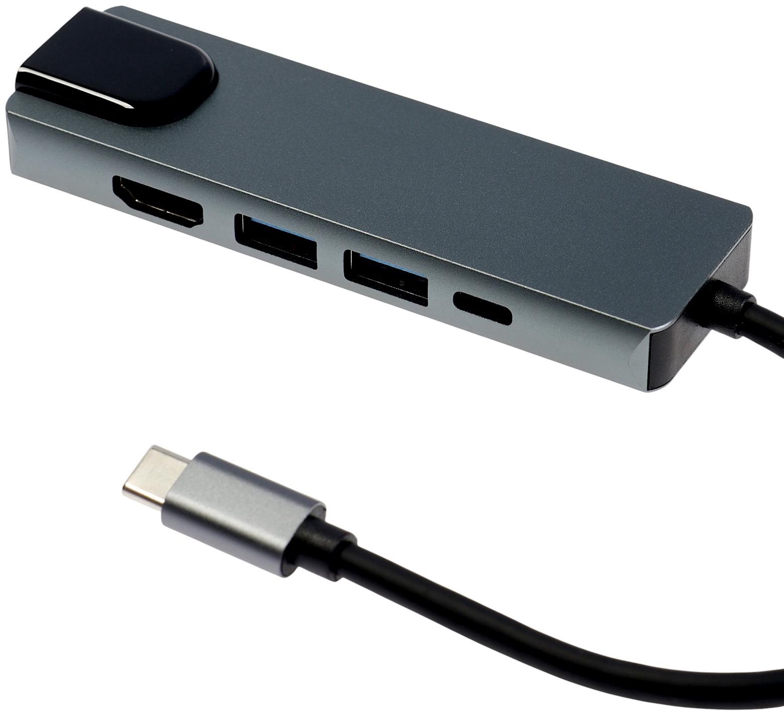 Type-C-разветвитель (HUB), HDMI/USB3.0/USB3.0/RJ45/PD, 60 ВТ, 3 А, кабель 13.5 см, серый