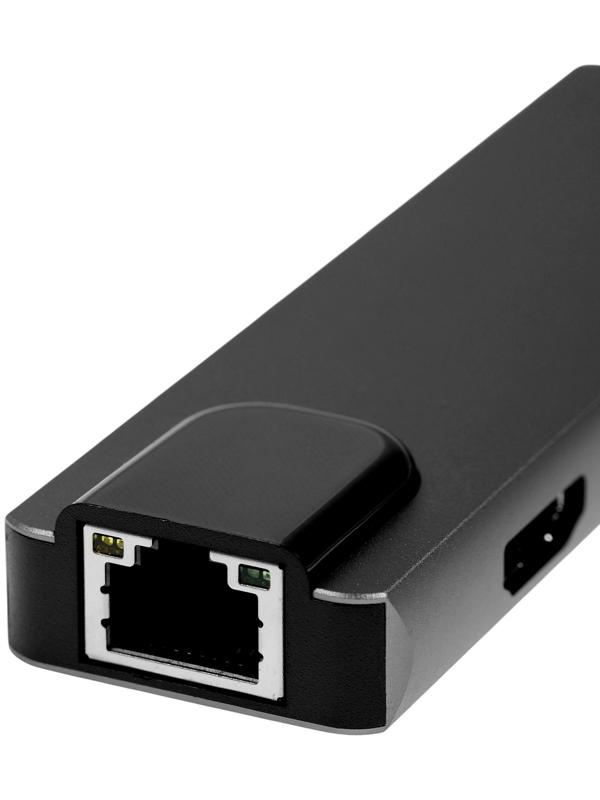 Type-C-разветвитель (HUB), HDMI/USB3.0/USB3.0/RJ45/PD, 60 ВТ, 3 А, кабель 13.5 см, серый