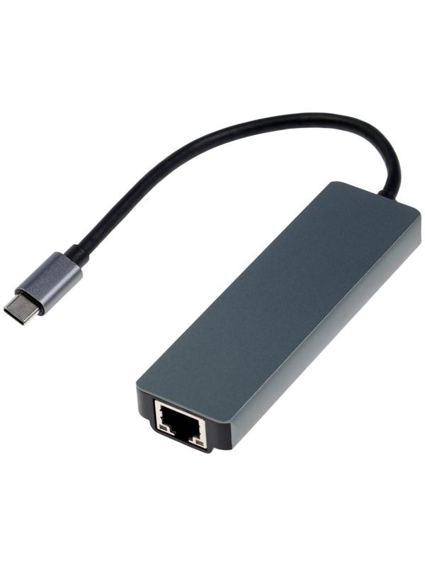 Type-C-разветвитель (HUB), HDMI/USB3.0/USB3.0/RJ45/PD, 60 ВТ, 3 А, кабель 13.5 см, серый