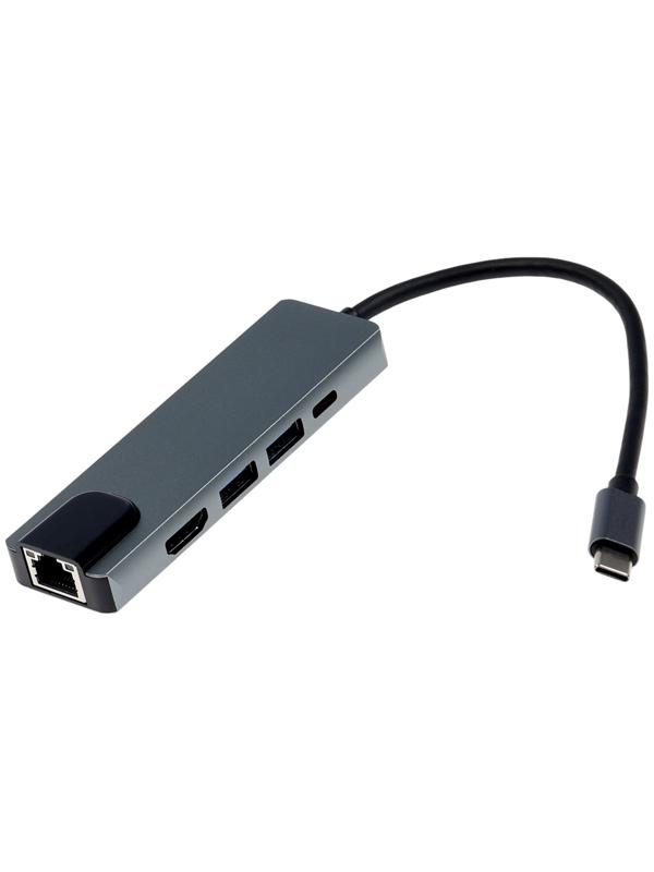 Type-C-разветвитель (HUB), HDMI/USB3.0/USB3.0/RJ45/PD, 60 ВТ, 3 А, кабель 13.5 см, серый