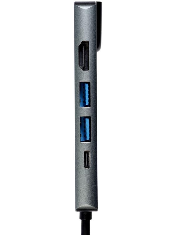 Type-C-разветвитель (HUB), HDMI/USB3.0/USB3.0/RJ45/PD, 60 ВТ, 3 А, кабель 13.5 см, серый