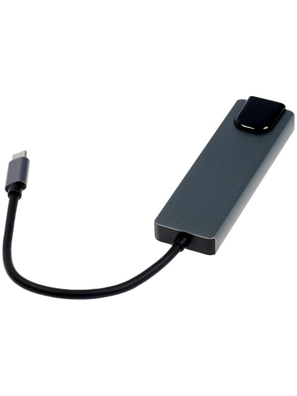 Type-C-разветвитель (HUB), HDMI/USB3.0/USB3.0/RJ45/PD, 60 ВТ, 3 А, кабель 13.5 см, серый