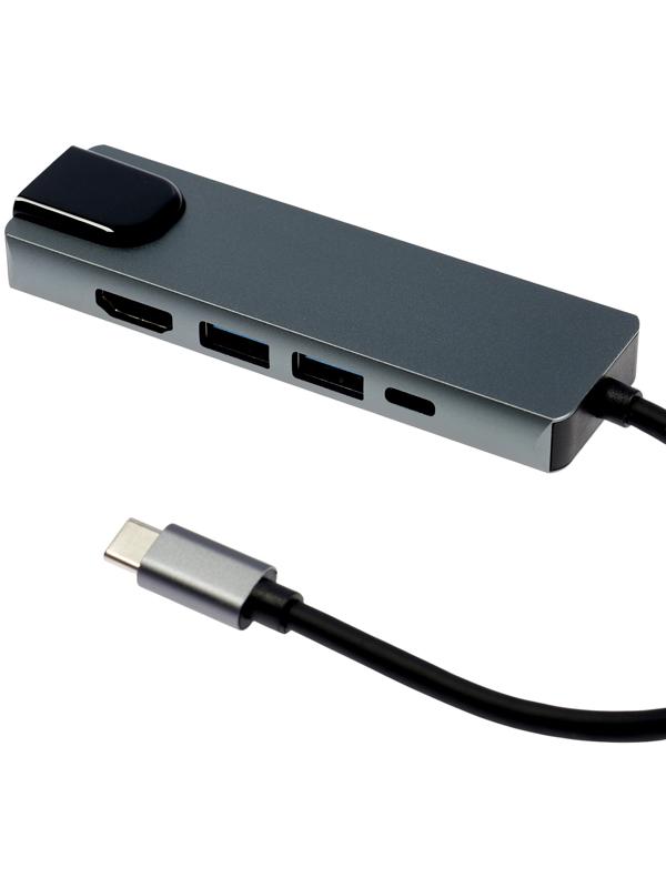 Type-C-разветвитель (HUB), HDMI/USB3.0/USB3.0/RJ45/PD, 60 ВТ, 3 А, кабель 13.5 см, серый
