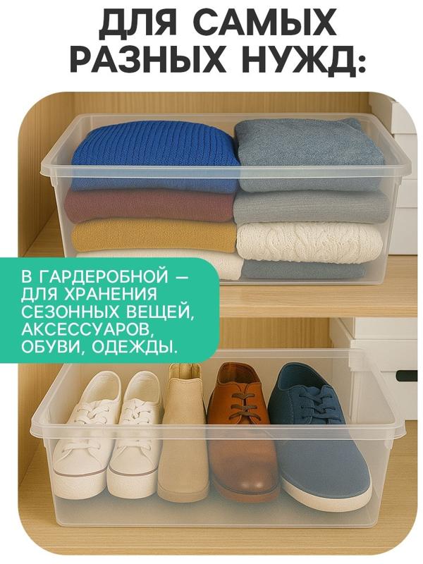 Ящик пластиковый для хранения, с крышкой, объём — 16 л, прозрачно-матовый