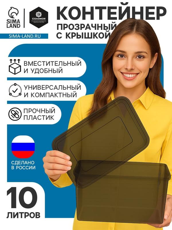 Ящик пластиковый для хранения, с крышкой, объём — 10 л, прозрачно-чёрный