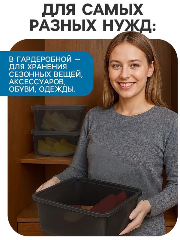 Ящик пластиковый для хранения, с крышкой, объём — 10 л, прозрачно-чёрный