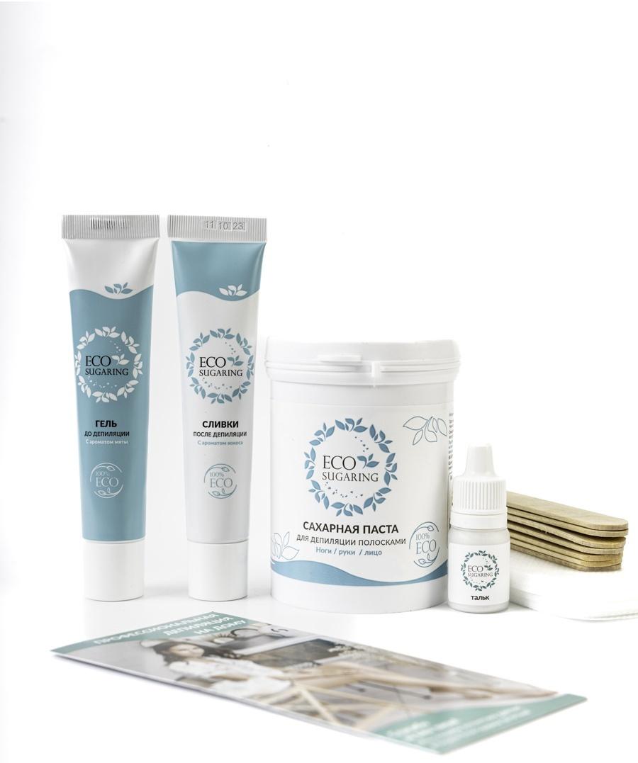 Набор для депиляции: Сахараная паста мягкая 250 г, шпатели 5 шт., полоски 33 шт., гель до и сливки после 30 мл, тальк 5 мл