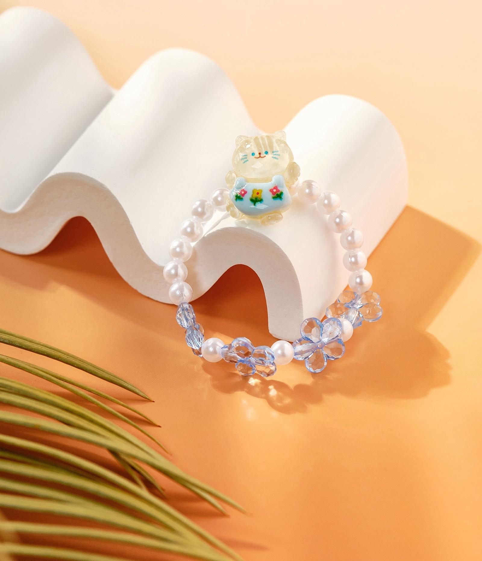 Браслет детский Выбражулька «Котик», d=6 см цветы, жемчуг, бело-голубой