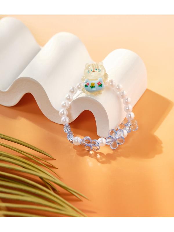 Браслет детский Выбражулька «Котик», d=6 см цветы, жемчуг, бело-голубой
