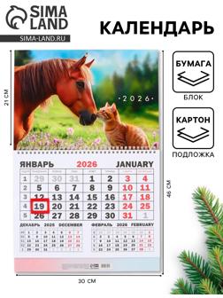 Календарь настенный квартальный 2026 «Лошадь с котенком», 30×46 см