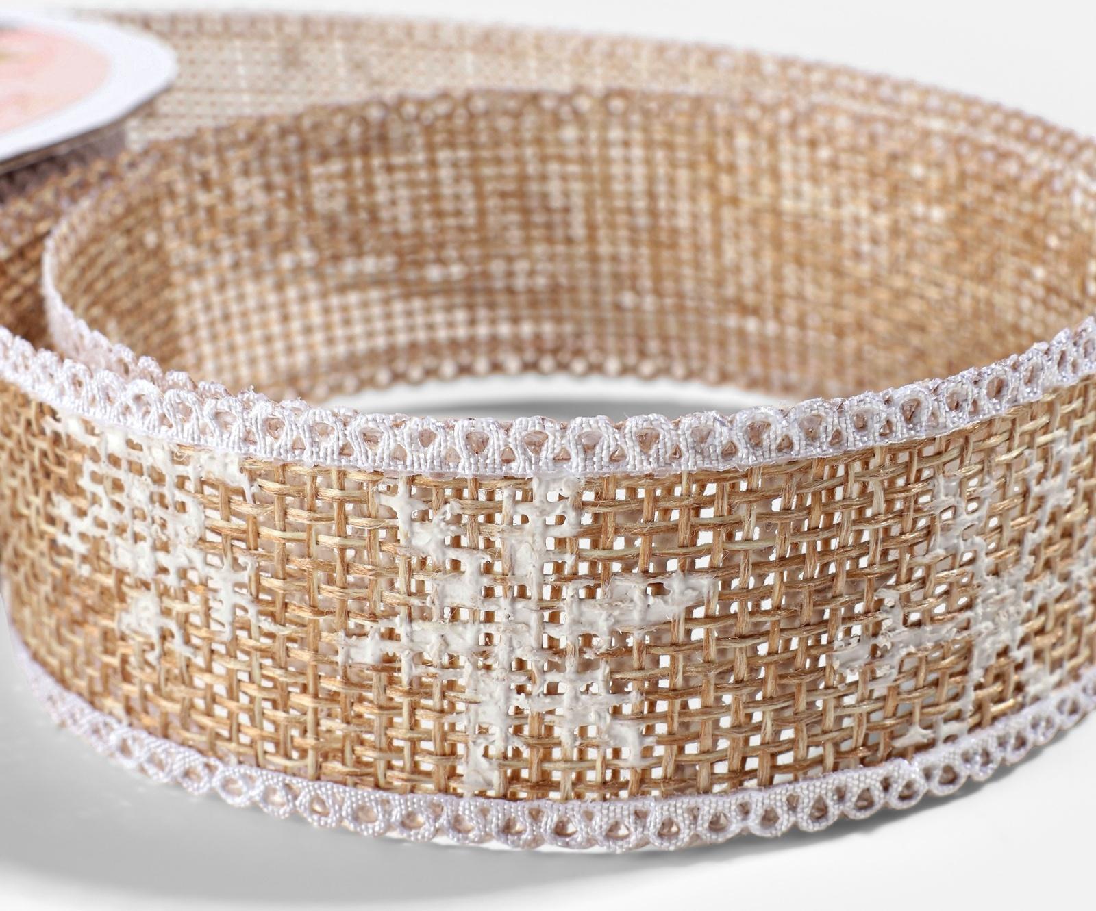 Лента текстильная с рисунком, 24 мм, 9.1± 0.5 м, бежевая, белая