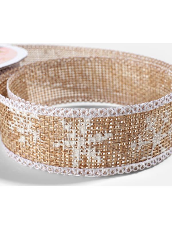 Лента текстильная с рисунком, 24 мм, 9.1± 0.5 м, бежевая, белая