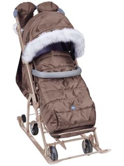 Санки - коляска «Ника Детям 7-5SK», чехол для ног, рукавички, сумка, бежевый