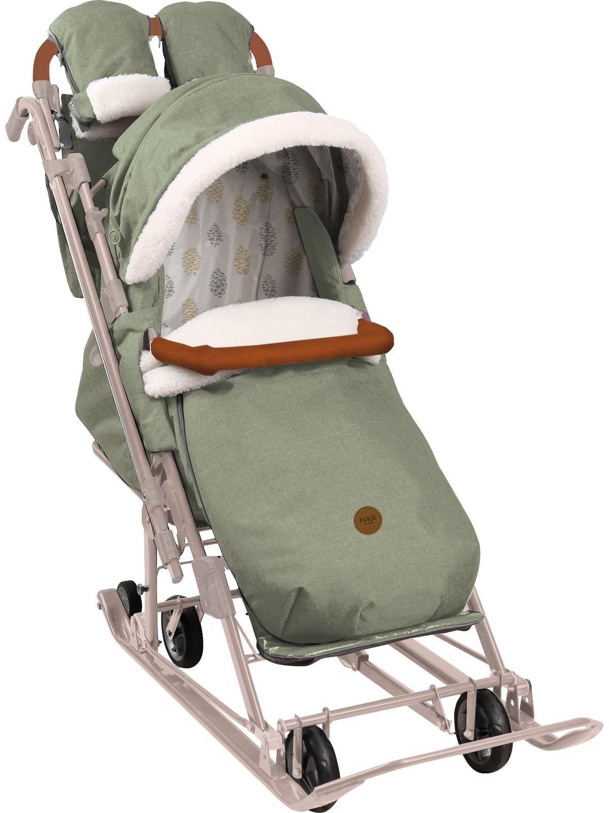 Санки - коляска «Ника Детям 7-8K», чехол для ног, рукавички, сумка, оливковый