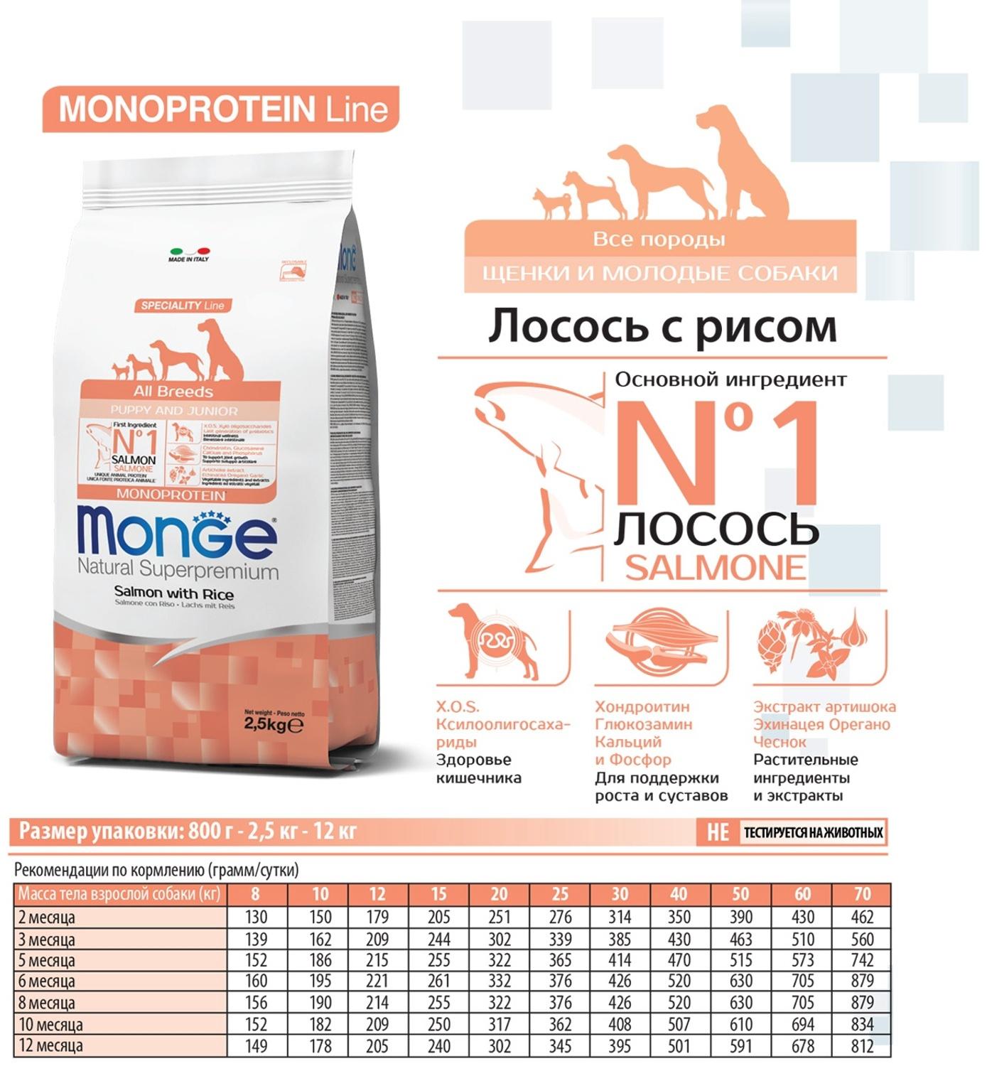 Сухой корм Monge Dog Speciality Puppy&Junior для щенков всех пород, лосось/рис, 12 кг